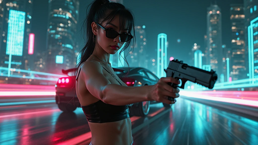 simple comic style cyberpunk city, line art background, flying cars, at night. (1girl, solo), photo realistic, medium-breast:1.3 slim body, cleavage, sling top, miniskirt, black sunglasses, holding a short gun, half-body thigh level medium shot, cinematic lighting, ray tracing.