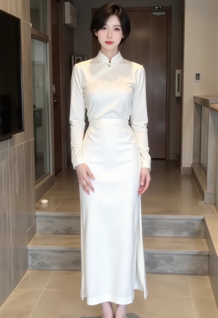 (absurdres:1.3), (highres:1.3), (ultra detailed:1.3),(1girl:1.3), (extremely detailed CG unity 8k wallpaper:1.3), (detailed skin texture, detailed cloth texture, detailed hair texture), (beautiful detailed face, supermodel, pale skin, realistic glistening skin), (RAW photo, best quality), (realistic, photo-realistic:1.4), masterpiece, extremely delicate and beautiful,Amazing, finely detail, extremely detailed CG unity 8k wallpaper, huge filesize, ultra-detailed, highres, absurdres, soft light,rim light, vibrant details, hotel room, short bob hair, large breasts, black hair color, Big Natural Color Lip, (perfect body shape), beautiful legs, BREAK (white theme:1.5), (half sleeve (white Ao dai):1.4), (bare elbow:1.4), ((plain color, only white color):1.3), (smooth and shiny fabric:1.3), (white heeled sandals:1.2), crying a little、little smile, Harajuku style、20 year old girl、cute type、lolita、
