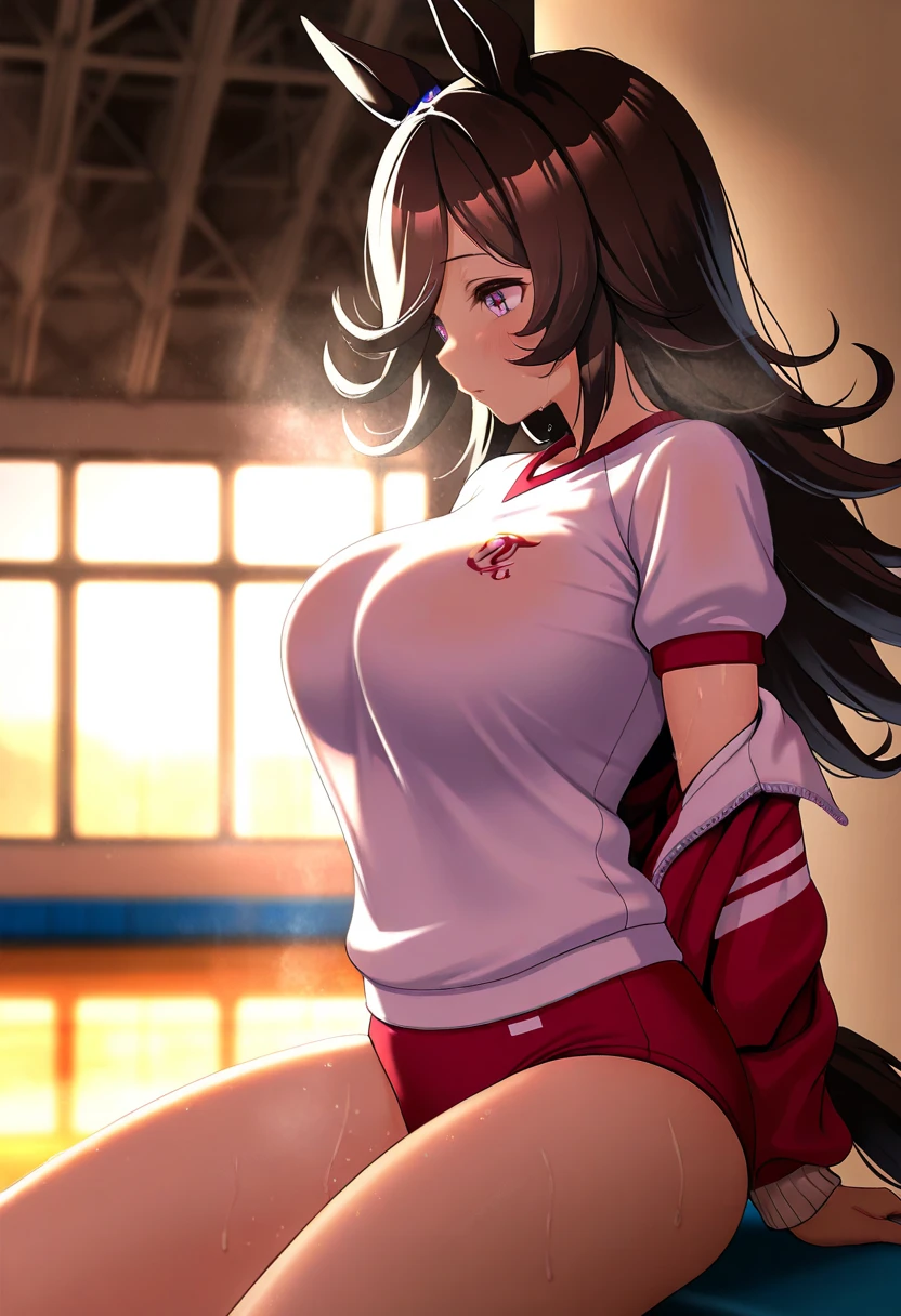 Brown ponytail、Huge boobs、Beautiful feet、Butt、Sports Necklace、Volleyball Uniforms Number 13 English letter logo White sleeveless Red shorts、Knee support black、Sit on the ground stretch、National Gymnasium Volleyball net、Embarrassed face、Date glasses、Indoor shoes、White loose socks、Wristband、Six-pack Six Pack Slender body