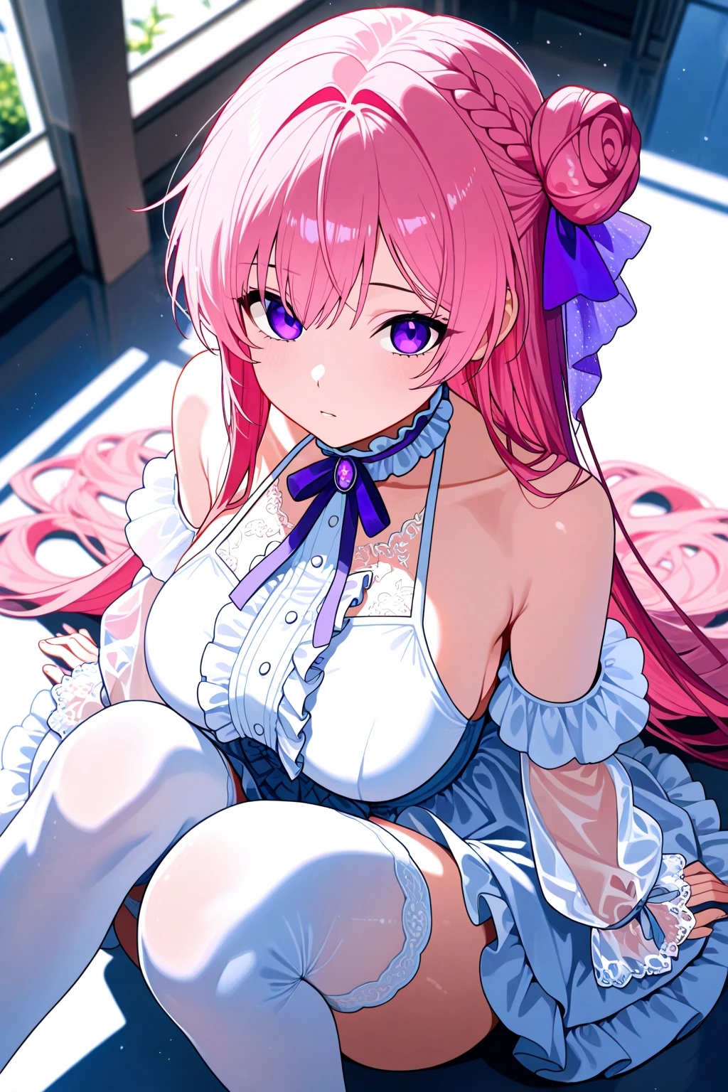 1sangonomiya kokomi, (Masterpiece, Best Quality, High Quality:1.4), professional artwork, Intricate Details, field of view, sharp focus, detailed painting, masterpiece, cinematic lighting, (vivid lighting, vibrant colors, (mature female, milf:1.1), (curvy:1.1), (sitting, on bed, panties down, masturbating, spread legs:1.15), room, (cowboy shot:1.1),
(Pink hair:1.05), long hair, ultra detail hair, ultra detail face, perfect eyes, perfect face, earrings,, blush:1.2),
shirt, (black thighhighs, garter belt:1.1), (white shirt ), thights,, focus:1.1),
