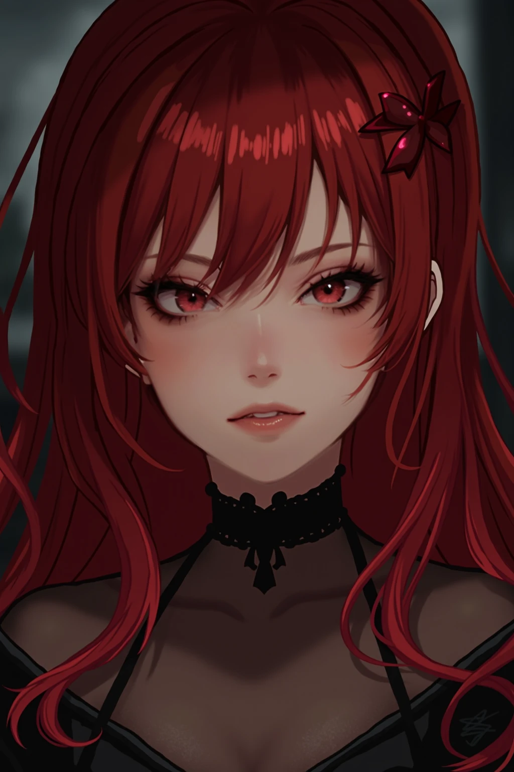 Dark, Creepy, Lilith, low dim lighting, dark chamber, smirk, blood on her face, cultist markings,