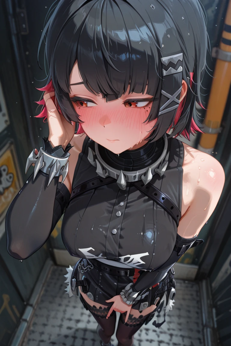 ellenjoe, ellen joe, black hair, colored inner hair, multicolored hair, (red eyes:1.3), red hair, short hair, two-tone hair,
BREAK bapron, black pantyhose, black shirt, black skirt, ear piercing, fins, fish tail, bunnysuit, playboy bunny, maid headdress, pantyhose, piercing, puffy short sleeves, puffy sleeves, shark girl, shark tail, shirt, short sleeves, skirt, tail, two-tone hair, wrist cuffs,
BREAK outdoors, city, sky, clouds, sun, buildings, crowd, people, alley,
BREAK looking at viewer, (cowboy shot:1.5),
BREAK (masterpiece:1.2), best quality, high resolution, unity 8k wallpaper, (illustration:0.8), (beautiful detailed eyes:1.6), extremely detailed face, perfect lighting, extremely detailed CG, (perfect hands, perfect anatomy), sexy, ass visible, bubble butt, close up, presenting ass, doggy style, ass focus, lolipop on mouth, on all fours, BREAK, giant ass, dynamic pose, dynamic sex pose, cum on ass, sperm on ass, perfect hands, crazy horny, steam body, steam, covering panties with own hand, 