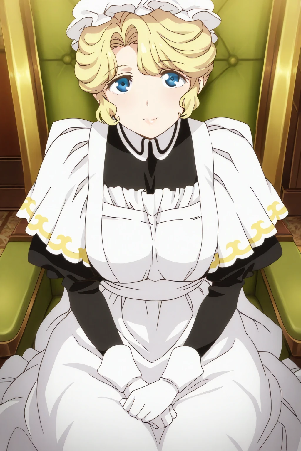 score 9, score8up, score7up, Score 6_up,
MESION, sitting in a chair,
1 girl on break day,solo,Minure,
victorian_maid,
Gold, blue eyes, , short hair, [mob cap,
a white and black dress on her shoulders,
(black_pantyhose), maid_apron,
maid_length_skirt for ears, gloves,
detailed decorinion,tied her lips,in hein_in_viewer,Sulky,
illumination,light_smile,
masterpiece, best quality, great quality, very aesthetic, newest,
anime screen capture, anime coloring, OFFICIAL STYLE, perfect quality,
