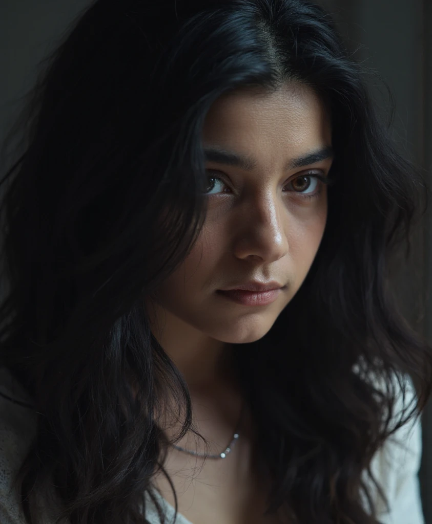 An award-winning photo，A beautiful woman，Beautiful eyes and, Messy bun, disheveled black hair, sitting beside the window, Dark lighting, Deep shadows, High contrast, Beautiful eyes, absurderes, 8K, (High quality:1.3), artstation hd, concept-art, Detailed face and body, Award-winning photography,