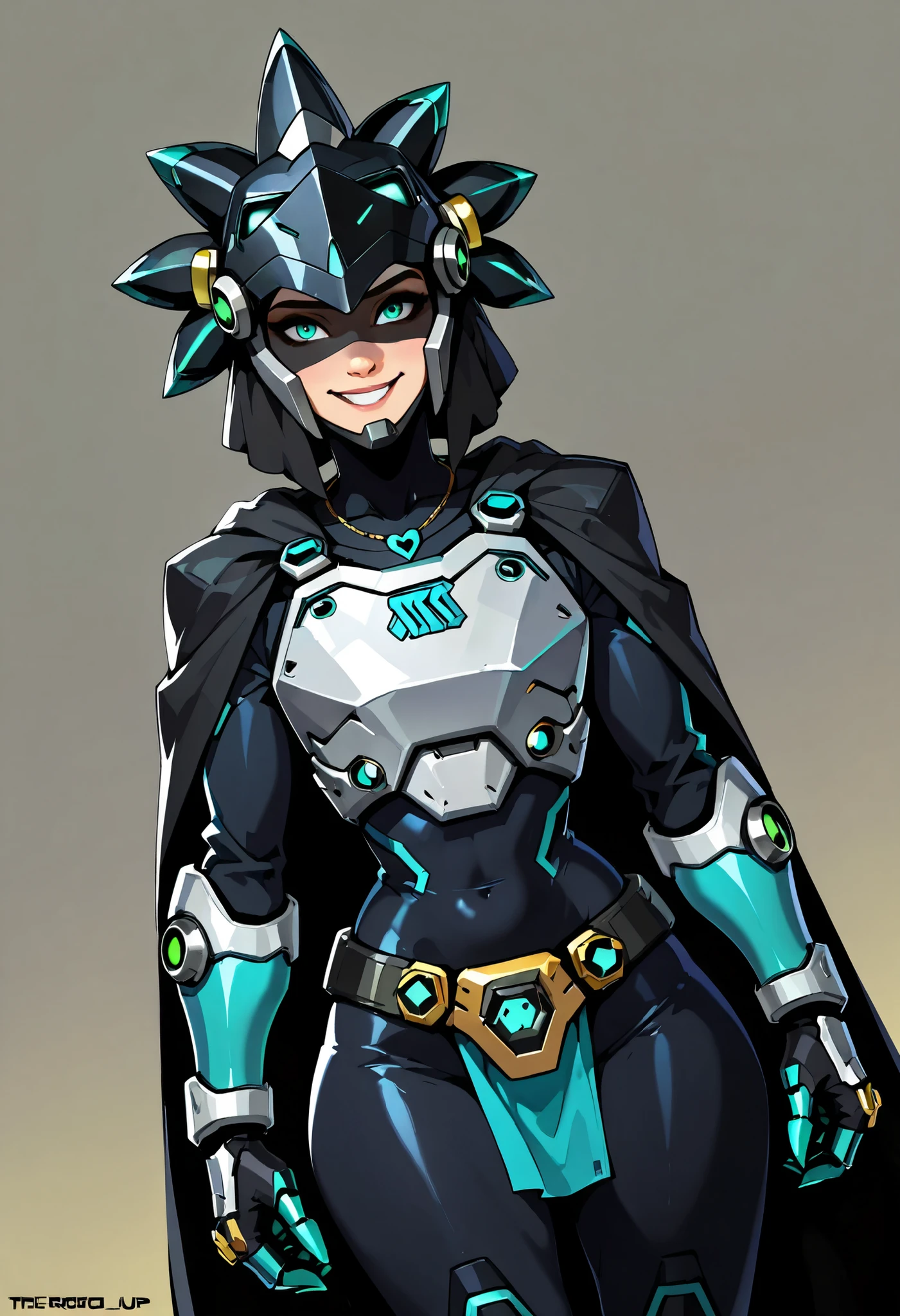 Score_9, Score_8_up, cartoon style, flat colors, Overwatch style, 1 girl, alone, turquoise eyes, Disney Pixar character, fully clothed, open eyes, dronified, tight black tracksuit, friendly gesture, long smile, large robotic breastplate, heart-shaped power reactor necklace right in the middle of both breasts, powerful robotic gauntlets, turquoise claw, extremely detailed black suit, stunning, wide hips, the robot armor highlights her curves, exaggerated proportions, black helmet, torso, Aztec symbols all over the suit, female Aztec warrior from the future, turquoise robotic petal helmet, large black cape, turquoise helmet veil, dynamic angle, black mask, broad shoulders, arms down, standing upright, strong arms, covered tummy, large robotic armor belt, futuristic loincloth, very bright and sharp image, light background with the moon, no gradients