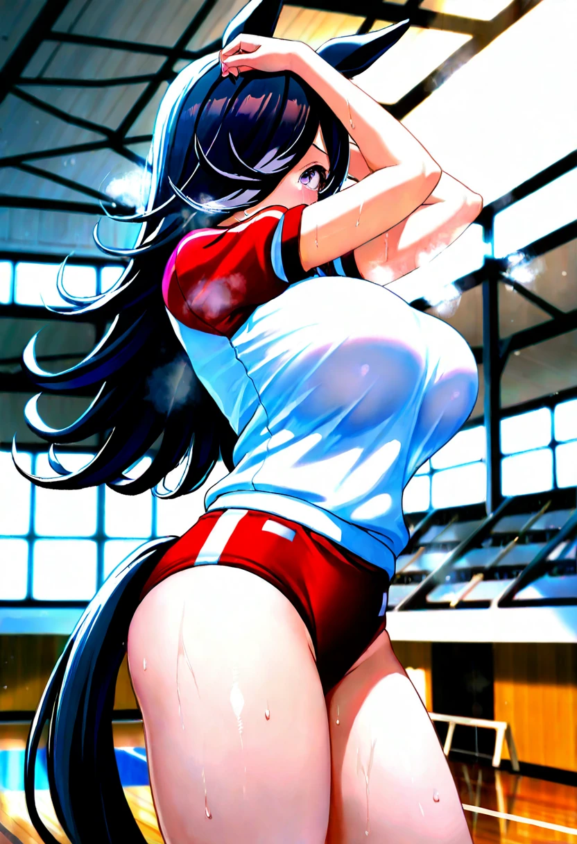 1 girl, hands on belt, black hair,blue eyes,(blush:1.1), blue undies over the legging, blue undies, red jacket, white gloves, white shoes, medium breasts,thicc, happy, smile, sit on bar, view from behind