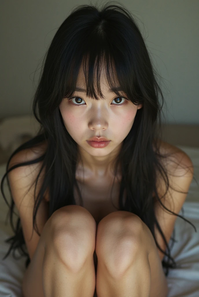 ((best quality)), ((masterpiece)), (detailed), perfect face, 14 year old girl, rain, raining, black hair, blushing, naked, full body nude, sitting with legs open, hairy pussy, small butt, , pussy clear view.