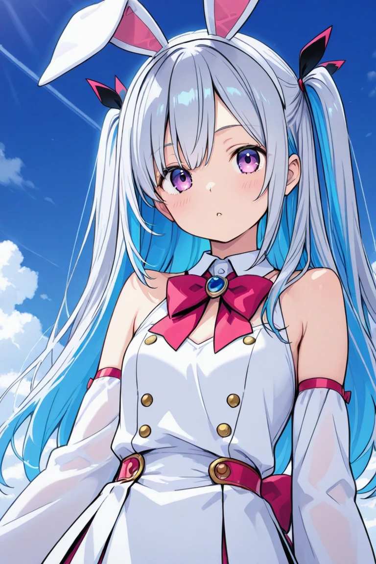 A nice white shirt that lets you see.. 、Light blue flared skirt with ruffles、She lifts her skirt with both hands to show off her pretty white underwear..、Cute white underwear visible when you lift your skirt..、sandy beach, beautiful sea, night and starry sky small breasts blue hair nekomimi