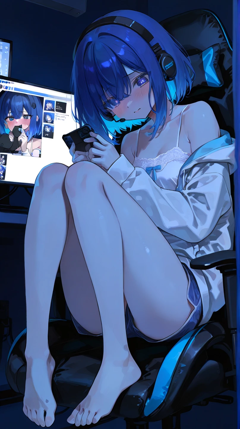 ((masterpiece)), ((best quality)), highres, kei1, 1girl, solo, blue eyes, long hair, (wears a female lenceria to sleep), ribbon, bangs, collarbone, gray hair, black hair band, neck ribbon, hair between eyes, medium breasts, cowboy shot, smile, anatomically correct full body, ((she is in her room lying in bed with a tactial phone in her hands to send messages)),  ((escenario full detailed))