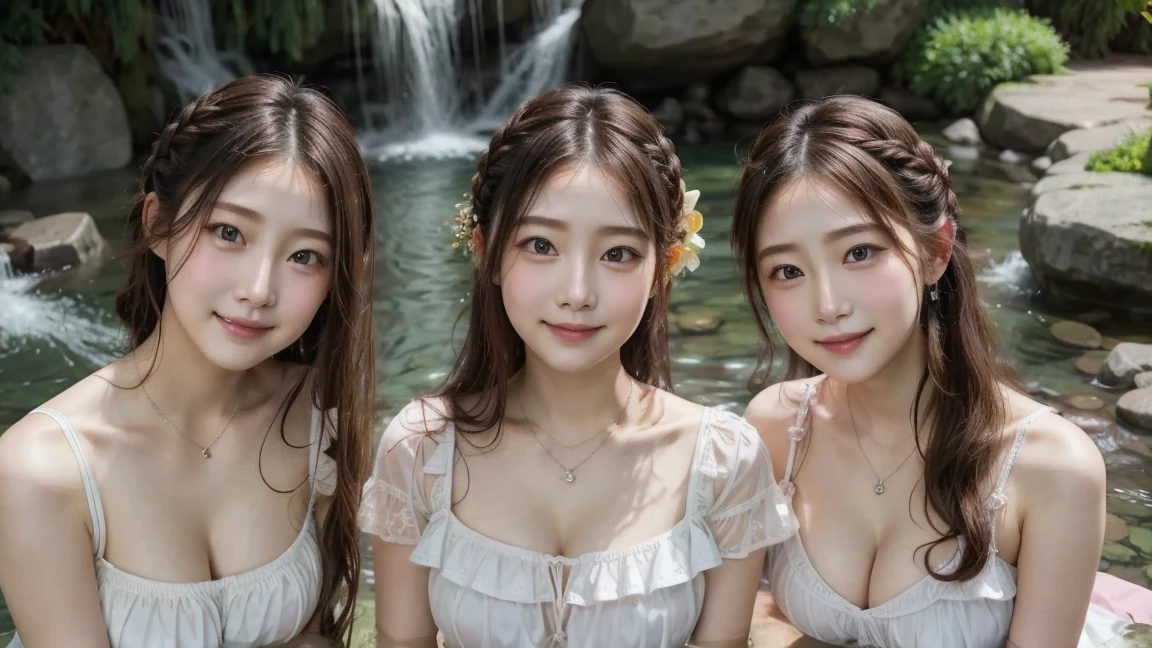 ( 3 girls), smile、Look into the camera、beautiful girlหน้าเด็กวัยใส、(((((()))))) diamond necklace、braided hair, ( Naked, perky breasts, bare breasts, nipples. (((round chestๆ)))revealing upper arms、Extra long twin tail feathers、Flower Hair Ornaments、 Masterpiece, Highest quality, 8ก, beautiful girl, young face、 photography, Cute face, thigh,Sitting on a rock in the stream,、รอยsmile、small waist, blue eyes(((The chest is erect...)))(((round chest)))(((big breasts:1.1)))( 3 girls)