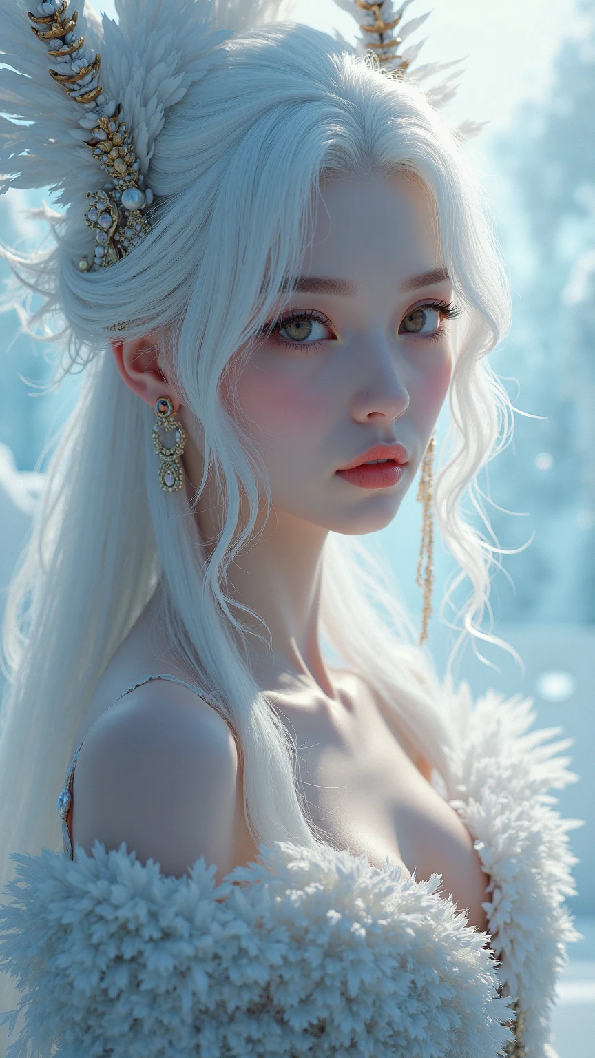 (masterpiece、top-quality、top-quality、Official art、Beautifully Aesthetic:1.2)Long hair with platinum blonde wavy、blue eyess、adult lady、Enchanted smile、tiny chest、Woman in gorgeous white fur coat。
