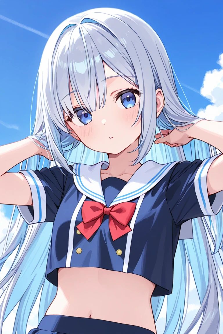 A nice white shirt that lets you see.. 、Light blue flared skirt with ruffles、She lifts her skirt with both hands to show off her pretty white underwear..、Cute white underwear visible when you lift your skirt..、sandy beach, beautiful sea, night and starry sky small breasts blue hair