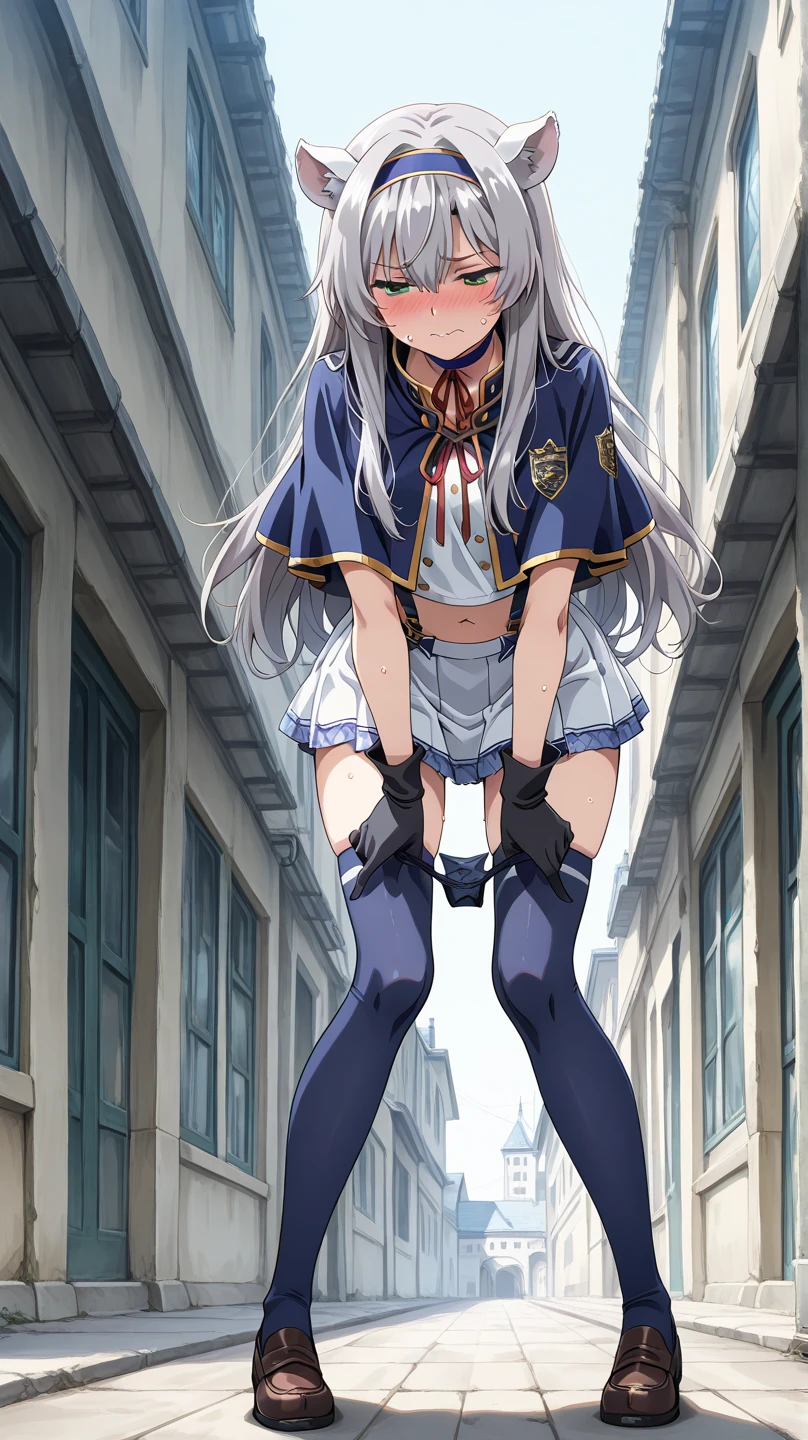 best quality, (masterpiece:1.2), detailed, middle Ages,
Sistine Faber,
1 girl, alone, open mouth, faint smile, blush,
long hair, gray hair, green eyes, blue headband, animal ears,
Uniforms, sling, blue shawl, White shirt, blue collar, red belt, mini skirt, white skirt, navel, Gloves, blue stockings,
Permanently installed, from angle, looking at the audience,hand in panties,spread their legs,white panties,
Outdoor activities, castle