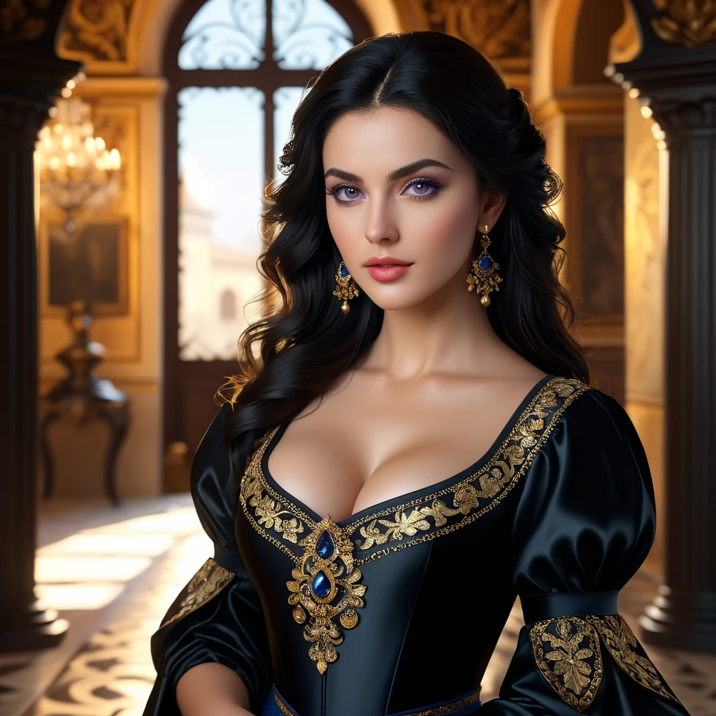 Beautiful noblewoman. Beautiful. House Baratheon. Black and yellow Dress. Long black hair curly and blue eyes. White skin. Dress sexy. Europan face. House Baratheon of Game of Thrones. Blue eyes. Look camara