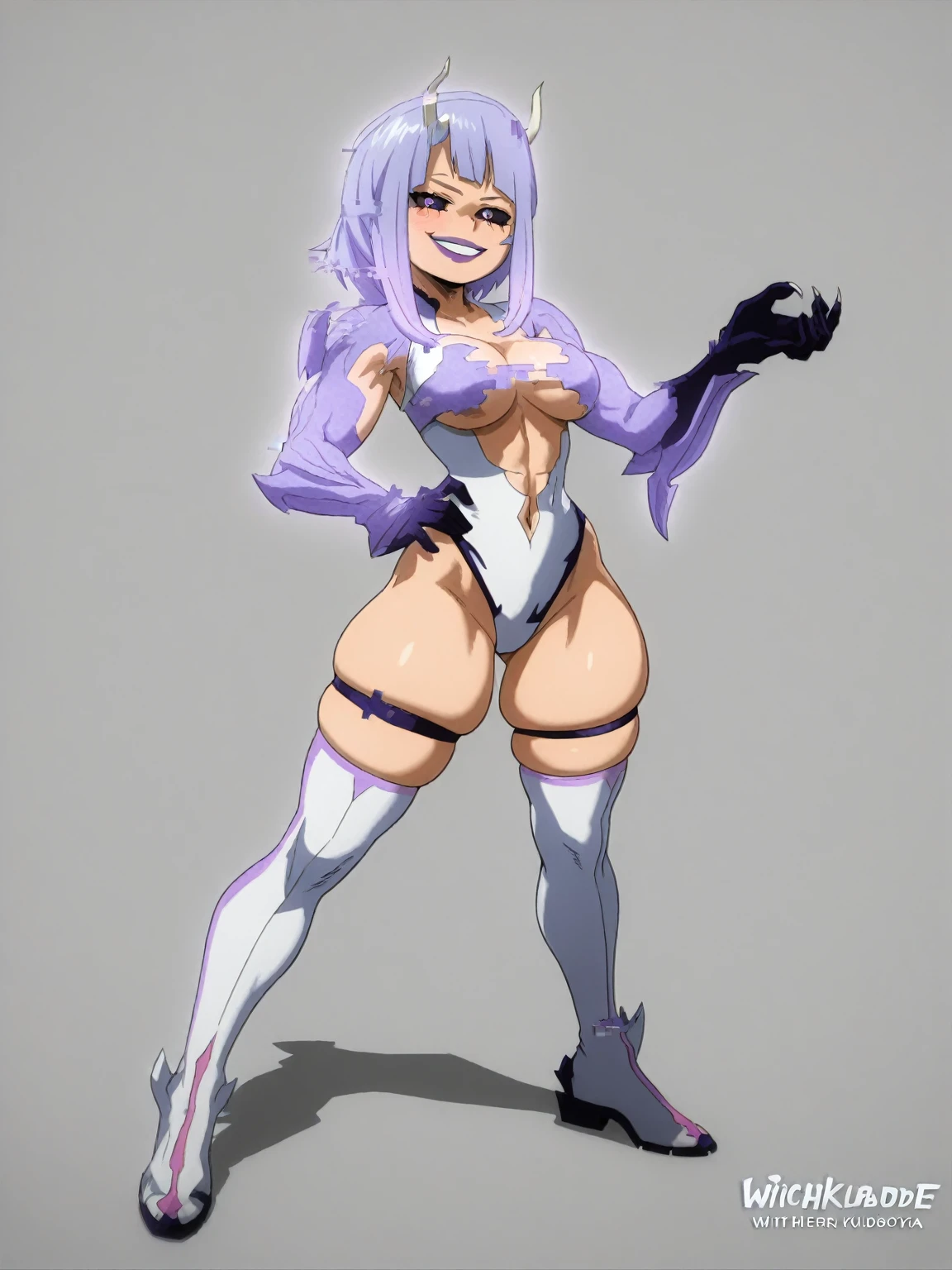 Ultra-detailed illustrations、Ultra-precise expression、masterpiece、Highest quality、ultra High resolution、High resolution、Hiromitsu Takeda Style、((whole body))、White background、Simple Background、One girl、solo、Mash Kyrielight、light purple hair,short hair,hair over one eyes、Rider Suit、High heels、Purple eyes、Vulgar expression、smile、Open your mouth、blush、Large Breasts、Big Breasts、White Breath、Sweat、Glowing Skin、shiny skin、Front angle、View your viewers、