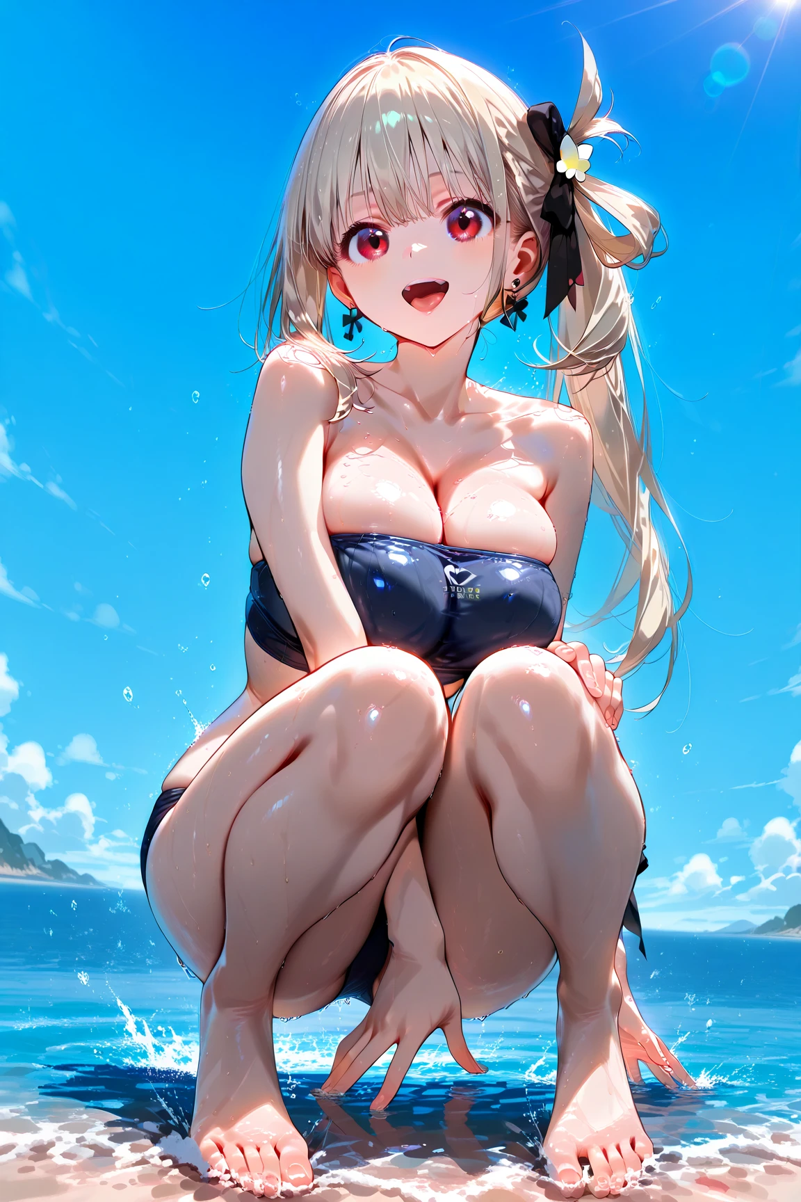 1 lady, HD quality, anime, solo full body shot, (sitting with hands back:1.3), (open legs to limit:1.5), (with one knee up:1.3), showing pubic area:, (under boob:1.6), Large breasts, (cleavage), shiny skin, smiling, (thin thighs:1.3), (Sailor uniform only for the upper body:1.5), (Crop Top sheer white shirt:1.5), (sleeveless:1.6), without brassiere, (sheer white tiny micro thong:1.5), poolside, (Green detailed eyes), blue sailor collar, red ribbon tie