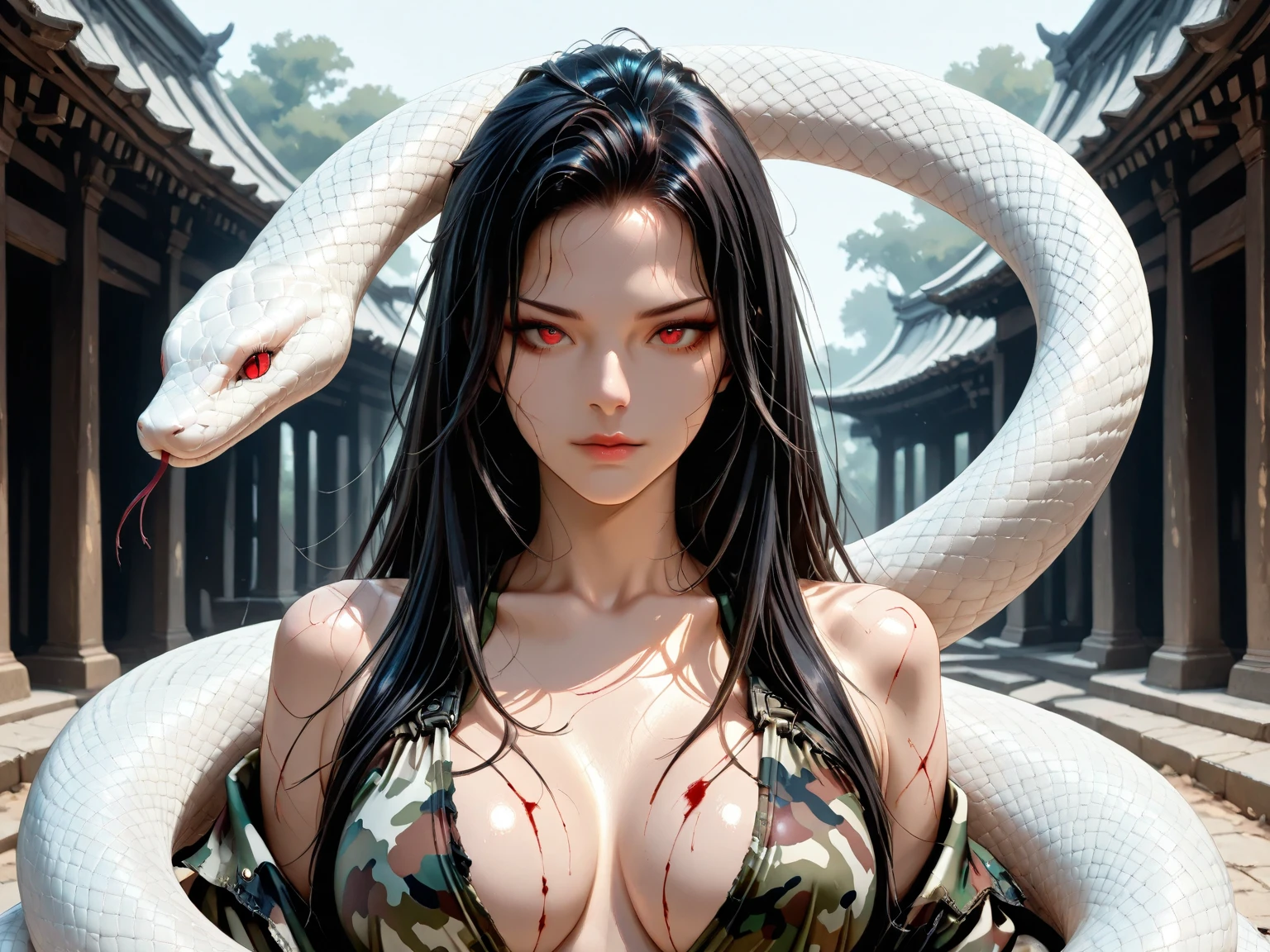 (((masterpiece+best quality+high resolution+ultra-detailed))), boa hancock, long silky black hair, high nose, sharp eyes, noble and inviolable temperament, (([female]: 1.2 + [beauty]: 1.2 + black long hair: 1.2)), snake_skull background, bright eyes, dynamic angle and posture.