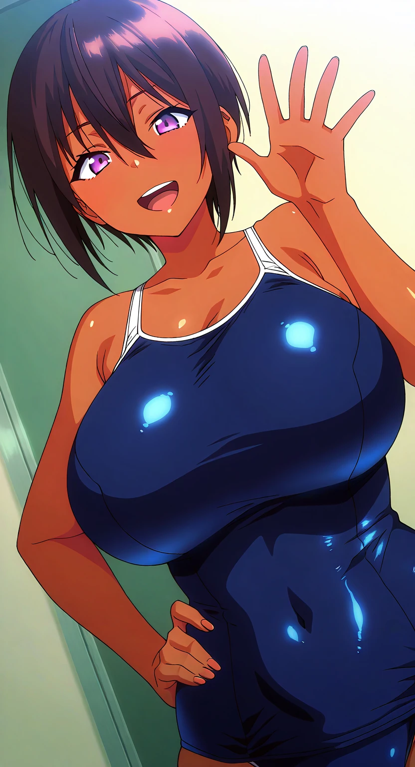 8K, high quality, animation, married woman, fair skin, beautiful, small face, neat, bright, emphasis on eyes, sexy, super big tits, beautiful line drawing. Dark Hair, White Skin, Brown Eyes, Arms Up, Side Showing, Head Down, Simple Background, Pink Background, Erotic, Nothing On, Nude, Arms Up, Side Showing, Sweaty Body, Side Sweat, Smiling, Breasts Up, ((Big Breasts))(Large Breasts)