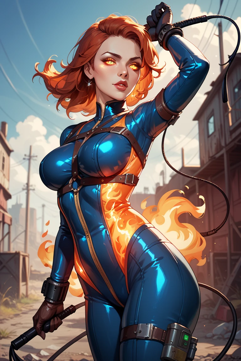 Score_9, score_8_up, score_7_up, confident grin, woman, close up, long floating fiery hair, devil horns, eyepatch, glowing red eyes, toned, abs, big breast, tight leather armor, (reiq:0.5), (doxy:0.5)