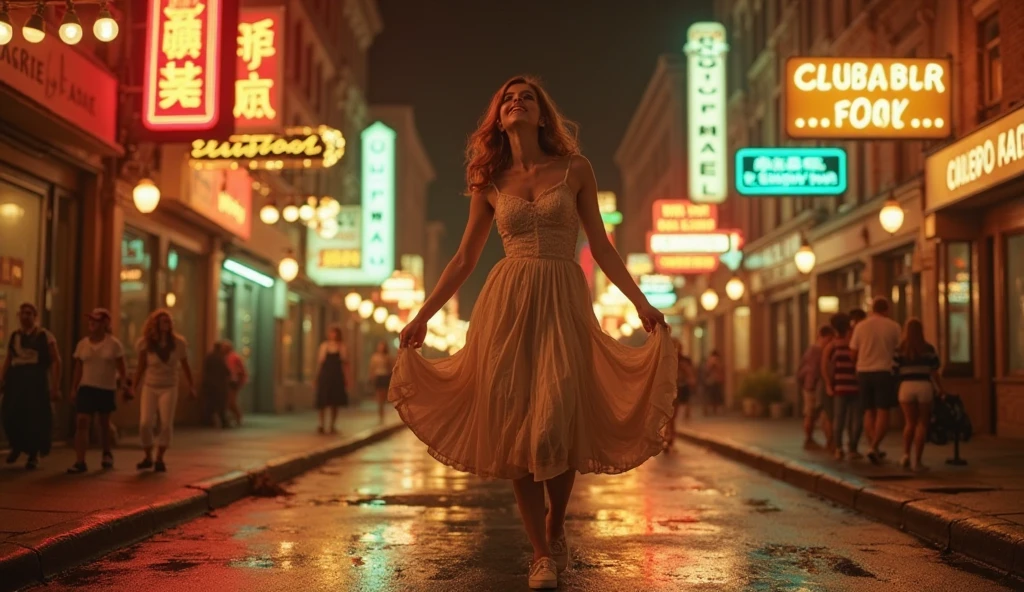 A vision flow of a beautiful woman walking down a night street, her pink sundress and faded blue panties illuminated by the sun, a red car passing in the background, and a world of shimmering light.
