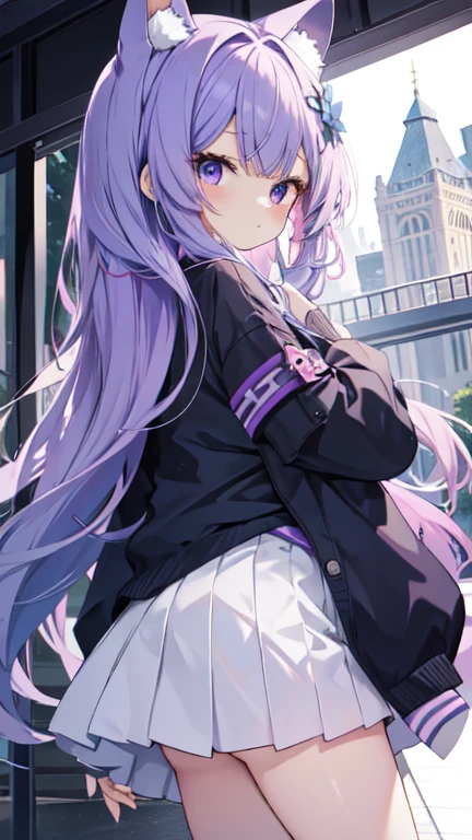 purple hair purple eyes、 girl、small breasts、Ponytail、smile、gal girl、wearing cute earrings、I can see your pants、gal、uniform、miniskirt、I can see my underwear、lightly dressed