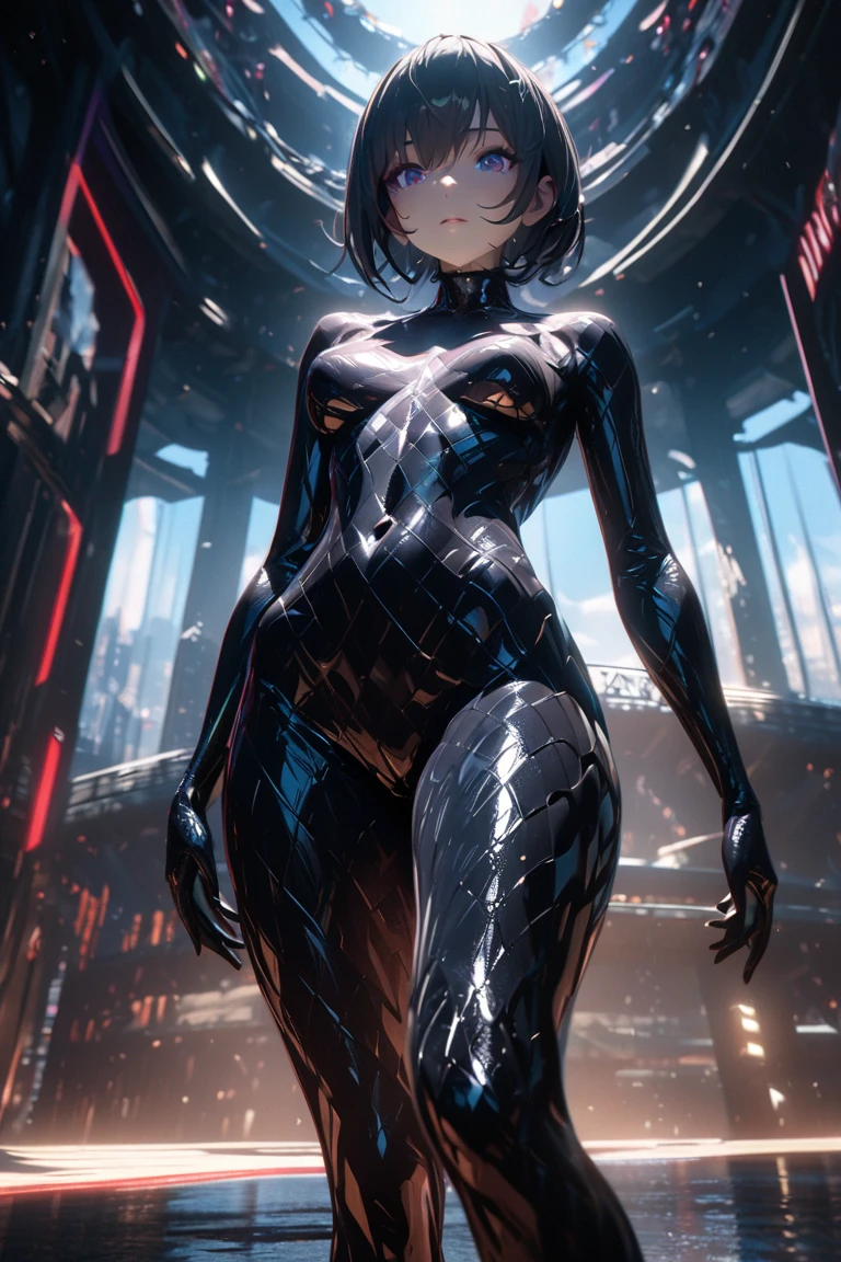 NSFW, chest is bigger than torso, huge breasts, crazy swollen breasts, Otherworldly Background, wearing a black latex jumpsuit, Realistic 공상 rendering, Realistic animated woman rendering, View, (full body portrait: 1.4), (big bust: 1.4), (Exaggerated body proportions), long dark blue hair, wearing delicate earrings, My chest is exposed through my clothes., Chubby buttocks, slim legs, (Wearing a black translucent bodysuit), (wearing black leather boots), High , octane rendering, (an outstanding masterpiece, Surreal 8K CG, dramatic, ray tracing, HDR:1.2), (best quality), Brilliant lights, (realistic face: 1.2), (dent in the skin: 1.3), 1 woman