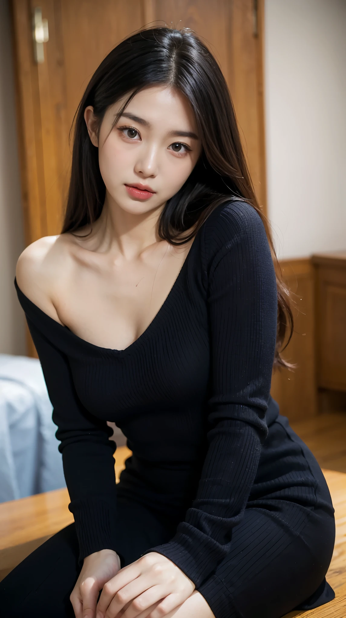 Korean woman, black short shirt,library,Fantasy style,soft light,Rich in detail,dreamy colors,elegant action, shy face, athlete, abs show, , black long hair, fair skin, restore face