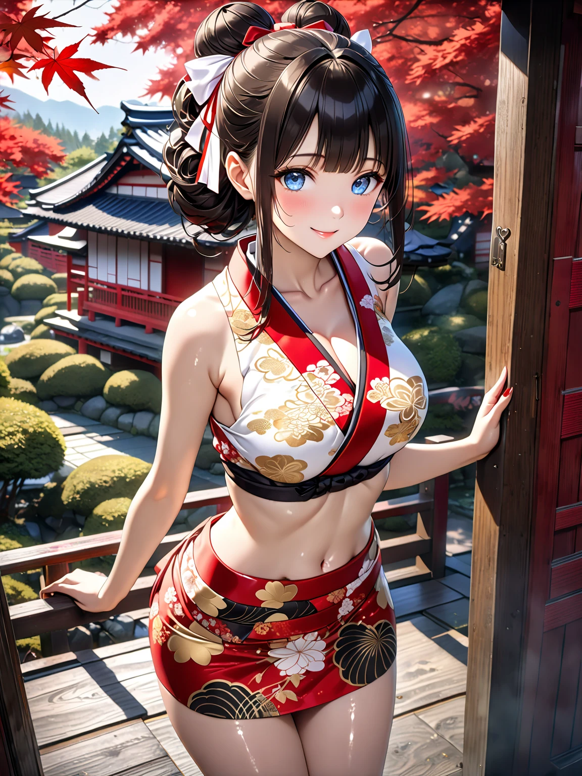 ((in the mountains of japan:1))、((on a tree))、sexy female crow tengu、Japanese traditional UMA tengu, sexy japanese monk costume, Sexy brown skin, Nice sexy body、tanned healthy sexy skin、One lady、Red hair ornament、((Black Japanese style sexy costume:1))、with the crow