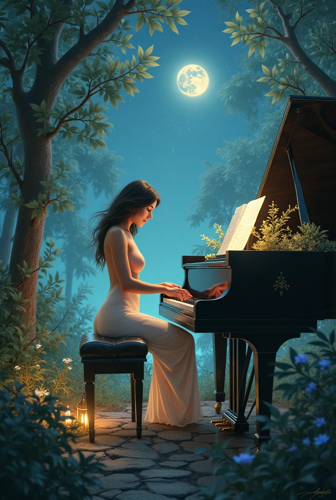 Night view, Movie angle, (((You can see the city under the lake water:1.3))), eternal fantasy, (((Silhouette woman with crystal piano on the lake:1.3))), Waning Moon, Unmatched clarity and clarity, (((Radiosity rendered in stunning 32K resolution:1.3))), Everything is captured so clearly, 最high quality, high quality, 最high quality, 最high quality, Unreasonable Detail Rendering, grow. A solemn night. Vector graphics,