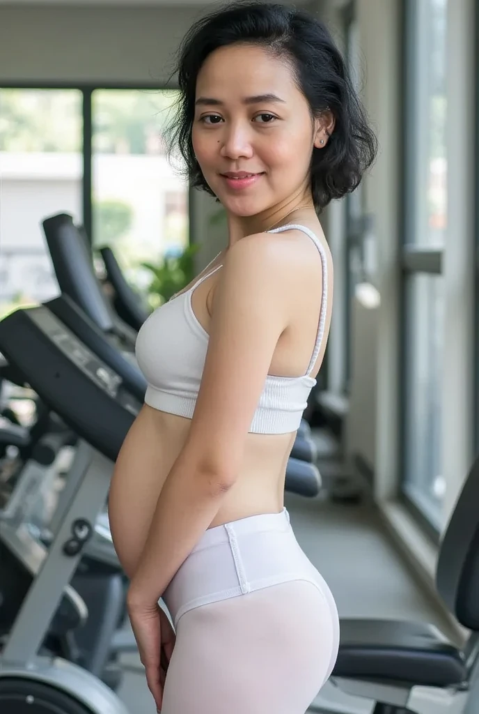 Photorealistic, One girl, Long Hair, Black Hair, Gym,(ponytail),（NUDE）,Excited, Fighting Pose, A light smile, Primary school students, 7 years old、Spread your legs、During pregnancy