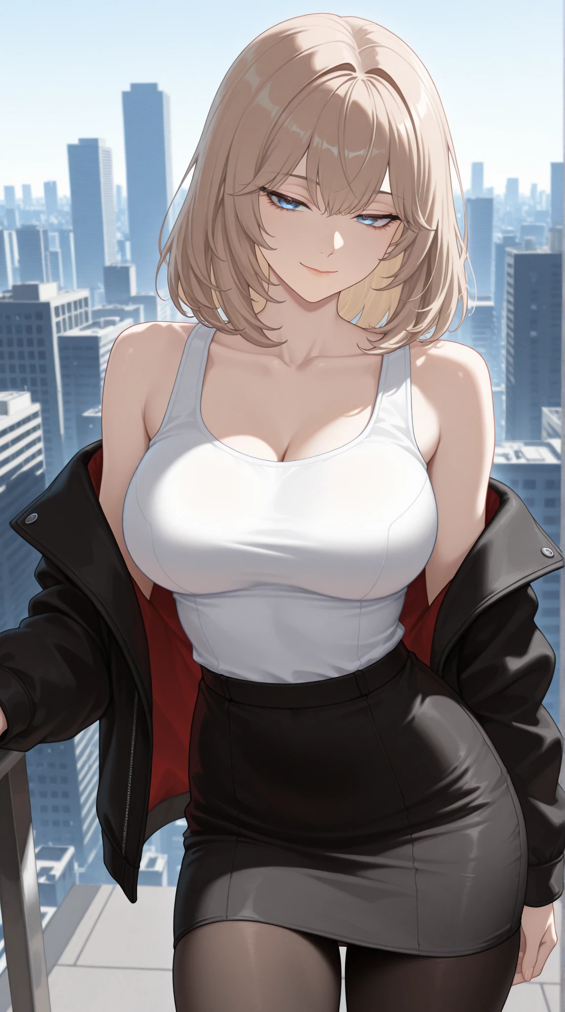 masterpiece, best quality, very aesthetic, absurdres, 1girl, mature_lady,1girl,taking_off_clothes,underwears,,blue_mary(fatal_fury), snk, the_king_of_fighters, 1girl, bare_shoulders, blonde_hair, blue_eyes, short_hair, bob_cut,,on a bench in a train,the sun set, city landscape over the window,,blur background,background defocus,