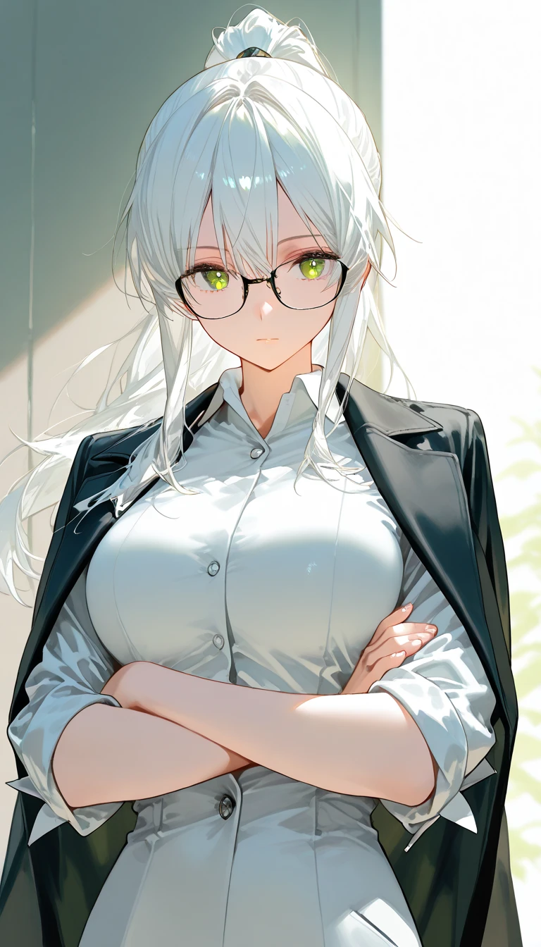 masterpiece, best quality, highres,
MeikoDef, 1girl, solo, blonde hair, white hair, sidelocks, blue eyes, grey eyes, breasts, short hair, bangs, large breasts, huge breasts, glasses, hair bun, swept bangs, single hair bun, prison school,
skirt, thighhighs, long sleeves, choker, neck ribbon, red bowtie, bow, ribbon, cleavage, school uniform, collarbone, jacket, braid, thighs, pleated skirt, open clothes, black thighhighs, miniskirt, bowtie, red bow, open jacket, zettai ryouiki, open shirt, no bra, skindentation, buttons, blazer, black-framed eyewear, brown skirt, brown jacket, unbuttoned, brown thighhighs, partially unbuttoned,
standing, upper body, arms behind back, looking at viewer, outdoors, grass, field, forest, sunlight, sky, blue sky, <lora:Meiko:1>