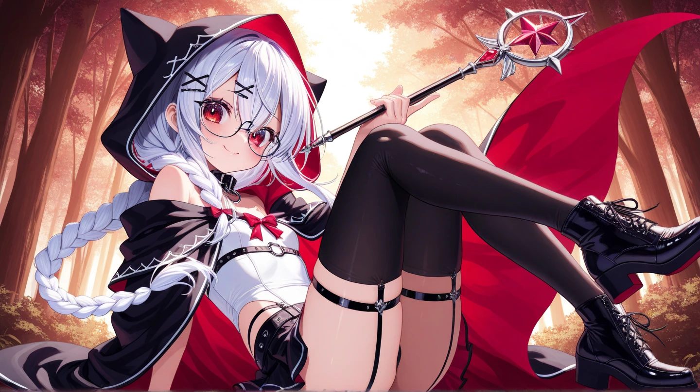 little red riding hood,Sitting,Spreading legs,black tight high sox,Light blue and white striped panties