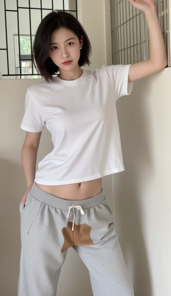 ((Highest quality)), ((masterpiece)), (detailed）girl,Stretched T-shirt,Shorts,No bra,sexy,defenseless,Sleeping on the bed,Sloppy,Her chest is a little visible,B Cup,boyish,White T-shirt