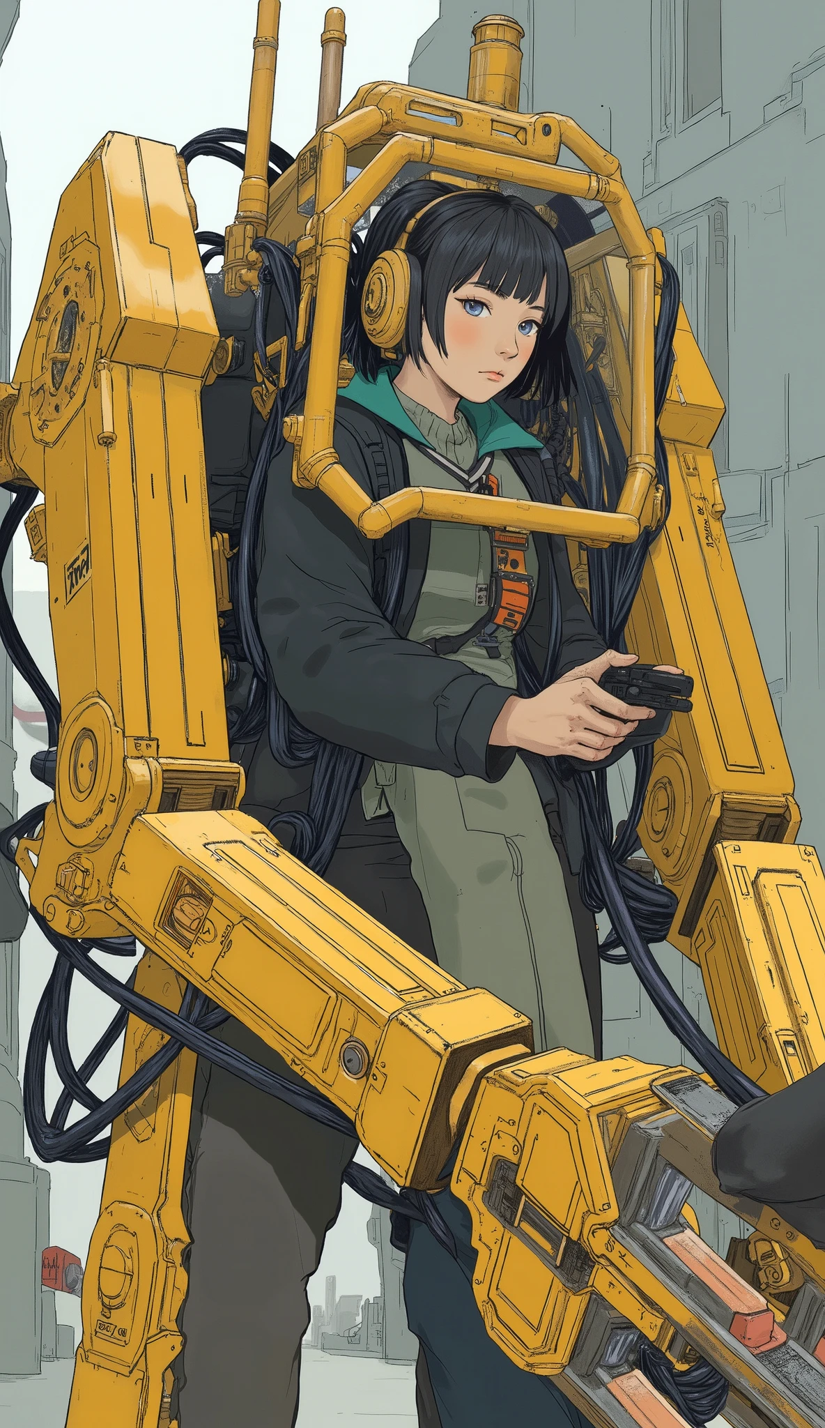 power loader composed of various metal and mechanical components、Mostly bright yellow,The sensors on each part emit light blue、 angular features typical of advanced robotics. its body is made up of multiple interconnected, A beautiful Japanese woman is piloting, This image is taken from a science fiction setting, hydraulic and electronic components are visible., Futuristic look.dynamic