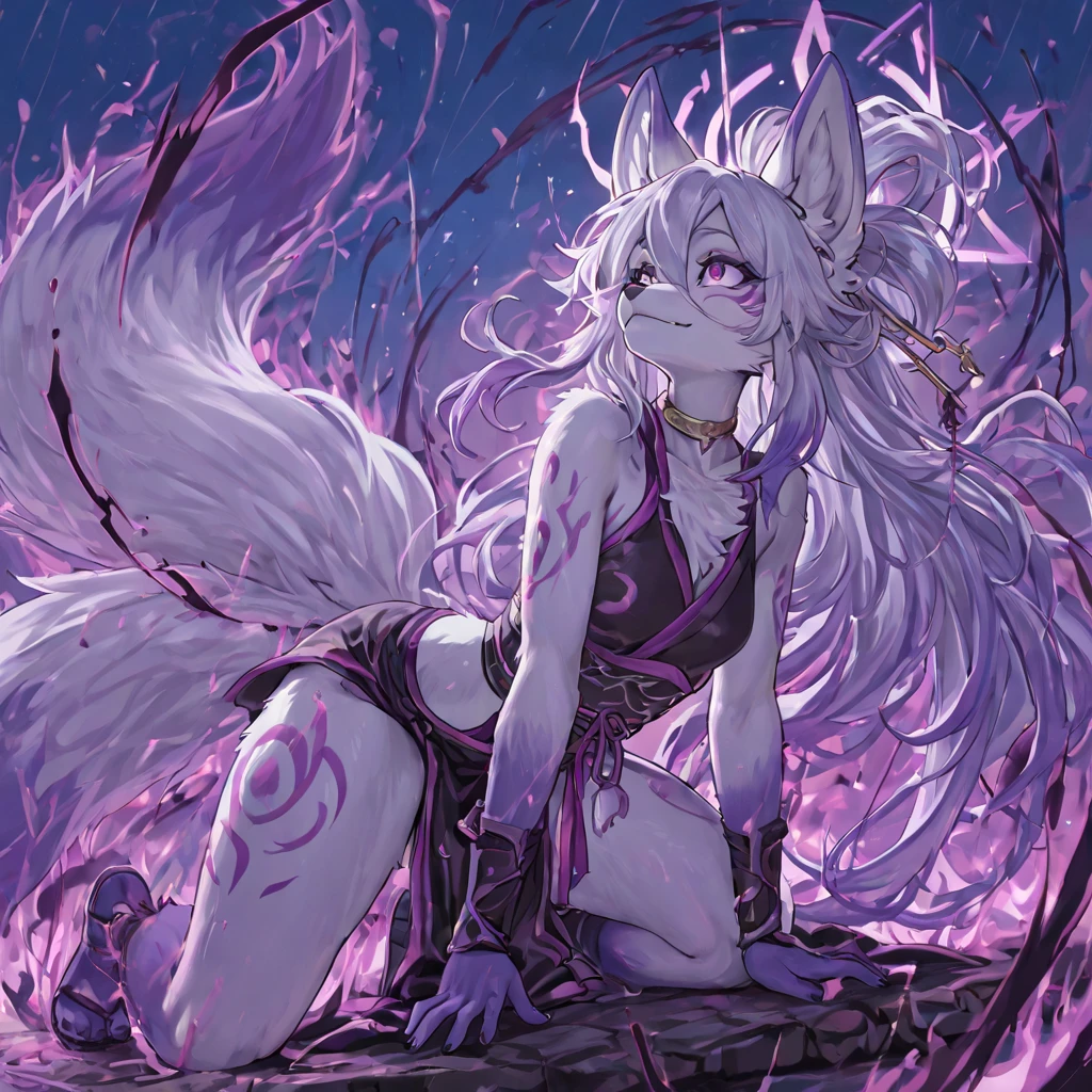((Sfw)), ((masterpiece, best quality)), (anthro furry:1.3, snout:1.2, anthro:1.3, furry:1.2, closeup:1.2, solo female:1.2, neckline, leaning forward, half-closed eyes, smug smile), vixen, vixen anthro, bottomwear, cave, female Focus, slave, submissive, submissive female, surprise, snout, claws, tail, high angle view, looking at the viewer, glowing pink, aqua body, aqua hair, hypnoMasterpiece Best quality, the best definition to add aesthetic and lighting details. Black kimono clothing, fullbody view