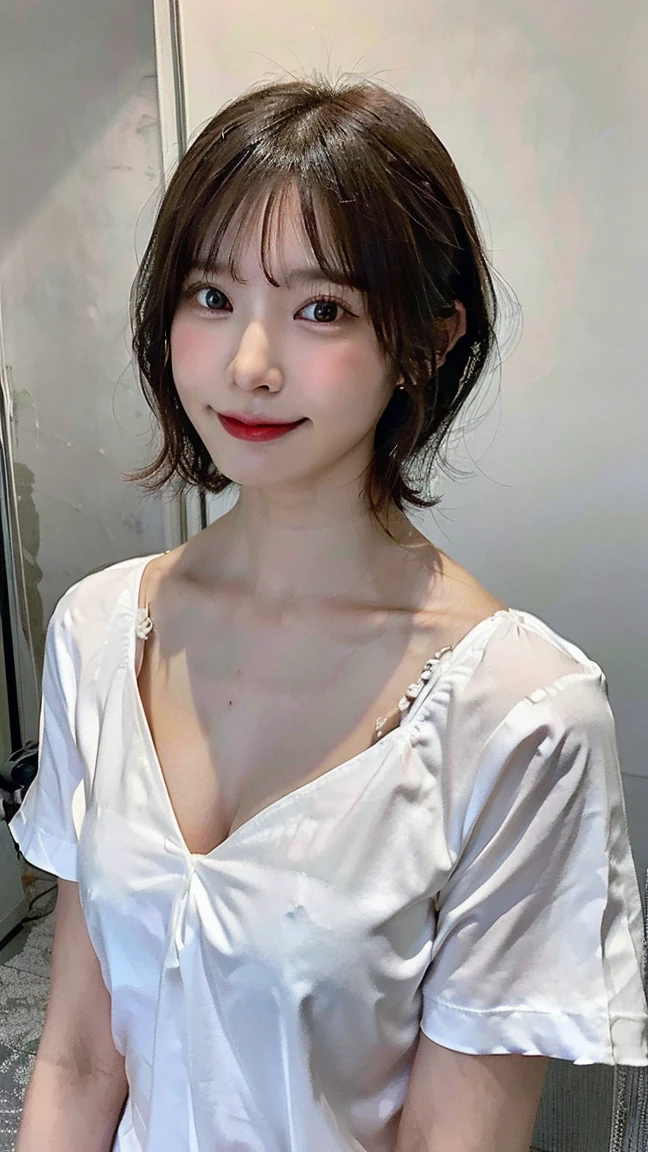 (High resolution、High resolution、high quality、High resolution、Draw everything in high resolution)、Vivid crystal light blue eyes、Very small diamond-shaped earrings、Look straight at the camera、Listen carefully、light in your eyes、droppy big eyes,Beautiful very short black hair、Beautiful hair with beautiful and very short bangs、Straight beauty Bang、Beautiful neckline、Beautiful 20 years old、Lip gloss、Long neck、smile、Beautiful teeth alignment、beauty、Beautiful woman、(naked white shirt with collar, black cafe naked apron, panty,cameltoe:1.15)、(medium breasts,cleavage,slender waist:1.10),Lengthen the left and right ends of your bangs、Beautiful composition、Beautiful Supermodel、Naked from the waist up,(sitting with spreading legs in the kitchen,panty in skirt:1.25)