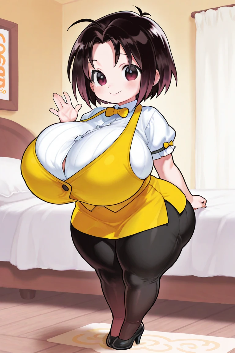 Best Quality,extremely delicate CG,hightquality,masuter piece,thick thight,1 Beautiful Girl,Grinning,upper limbs,Wide buttock,dent in the skin,beautiful delicate blue eyes,In a city full of people,in a vulgar pose、opening legs widely,Short Bob Cut,(Green hair),((A large yellow bow tie-shaped ribbon is attached to the back of the head.)),((Overflowing big breasts))(#white see-through sleeveless shirt), (Black long gloves), Bright colors, High quality,High-definition illustrations, a beauty girl,Plump,(Black leather panties),(open crotch),(Wearing light purple pantyhose),(very wide areola),Open mouth, (wearing a navy blue bow tie),(wearing a very short yellow transparent skirt),I'm waiting with my tongue out,Sweating, Realistic damp skin,Armpits,Large curved hip figure,With perfect legs,hypertrophy,Plump areola,Wet,