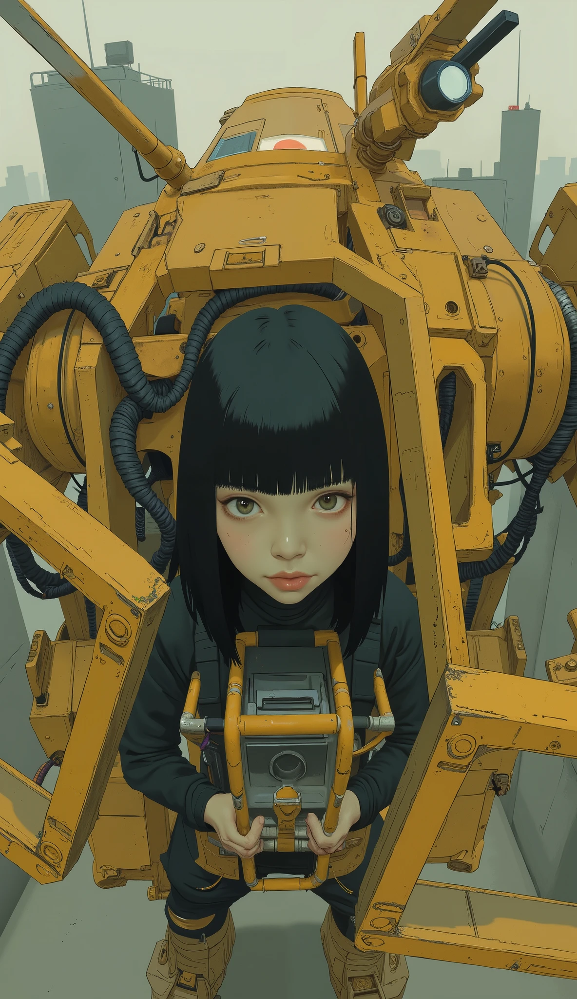 power loader composed of various metal and mechanical components、Mostly bright yellow,The sensors on each part emit light blue、 angular features typical of advanced robotics. its body is made up of multiple interconnected, A beautiful Japanese woman is piloting, This image is taken from a science fiction setting, hydraulic and electronic components are visible., Futuristic look.dynamic