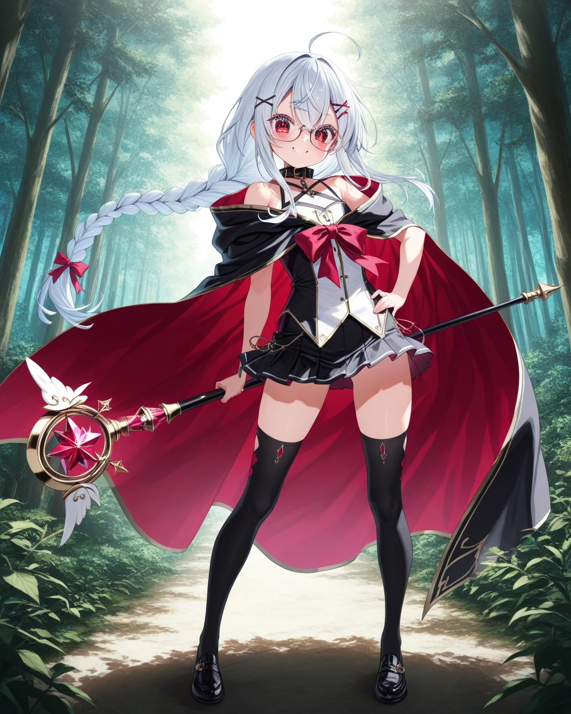 1girl,solo,Septim,<lora:Septim-000030:1:1:lbw=MIDD>,leotard,navel cutout,cleavage cutout,low wings,belt,red showgirl skirt,red gloves,purple hair,red eyes,jewelry,hairband,reaching out,under a moon in a dark night in a forest,dynamic pose, looking at viewer,