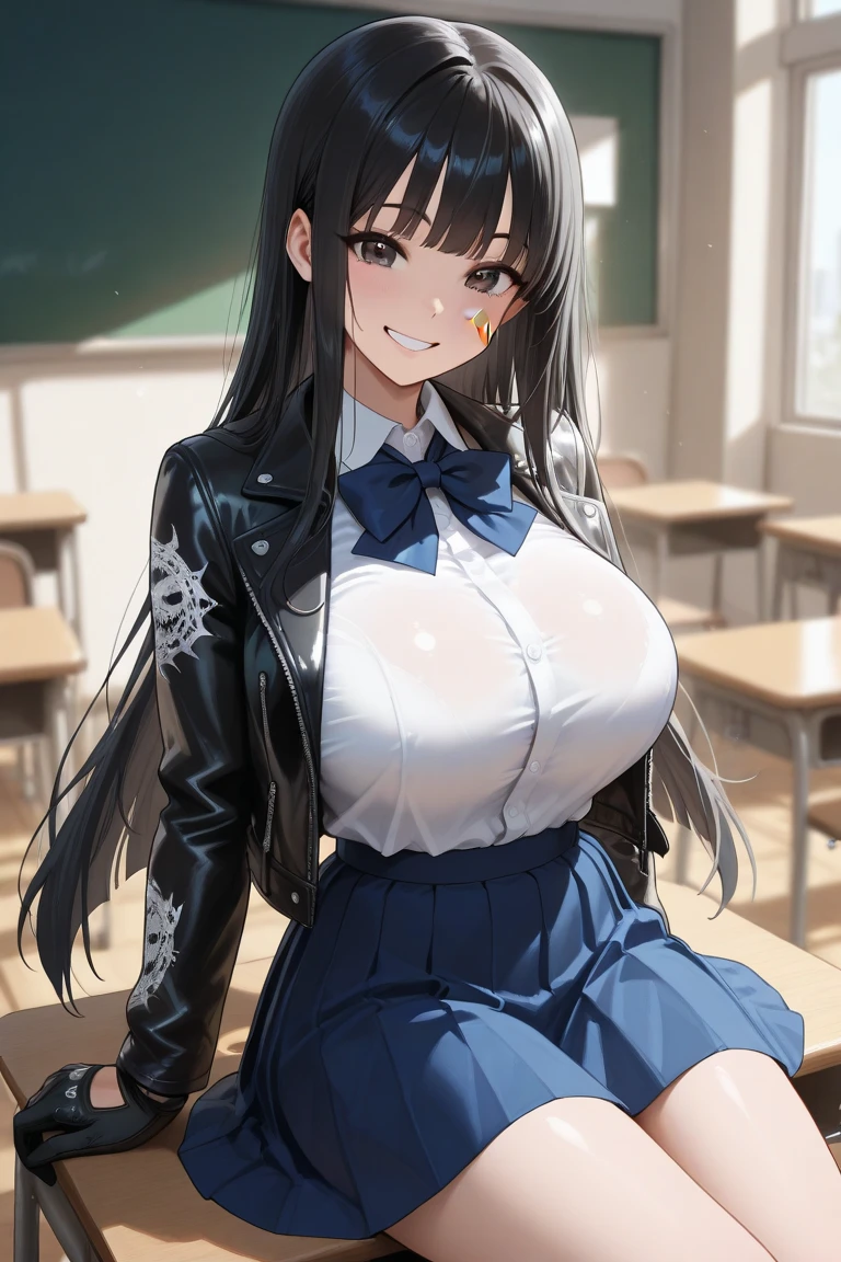 masterpiece, best quality, ultra detailed, perfect anatomy, perfect fingers, perfect face, perfect hands, thighs, 1 girl, secretary, black hair, black eyes, tight shirt, wet shirt, mini skirt, cowboy shot, sitting on the desk, seductive smile, 