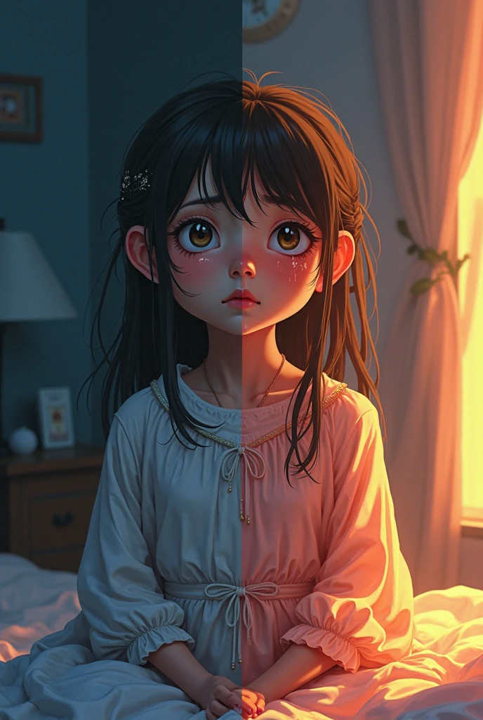 Nerdy Girl.nerd eyes. brown long hair. Nerd posture. Sitting on a bed with eyes open.red roato. ashamed.gray sweatshirt covering the entire body down to the knees