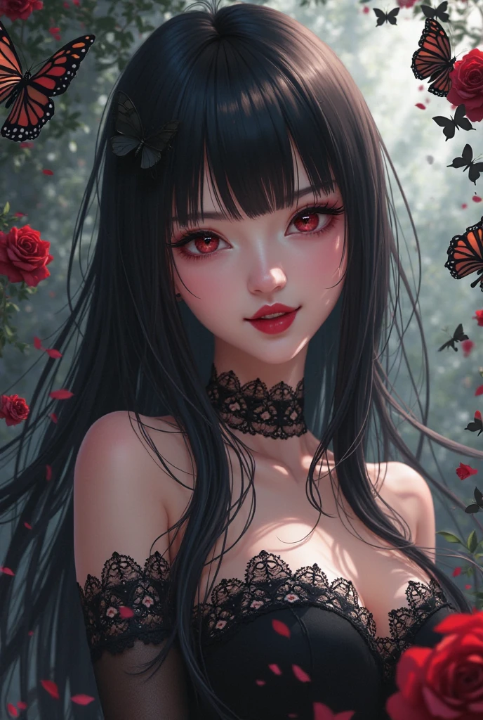 Woman, 25 years, sensuality clothes, seductive eyes, 2d roses background, colored inner hair, makeup, scowl, cinematic lighting, close-up, bokeh, masterpiece, textured skin, high quality