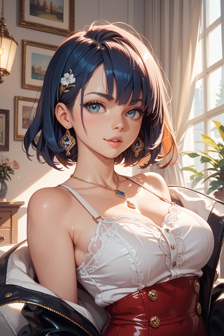 (masutepiece,: 1.2, Best Quality), (1 Lady, Solo, Upper body: 1.2) Short dark blue hair, Clothing: flowing skirt, short blue shoulder-length hair accessories: hair pin, hair: Short Blue Shoulder-length hair Makeup: natural, Glowing skin, Behavior: Blushing, Crying, Sitting in a chair Location: livingroom, Blue eyes, Very huge breasts, short blue shoulder-length hair
