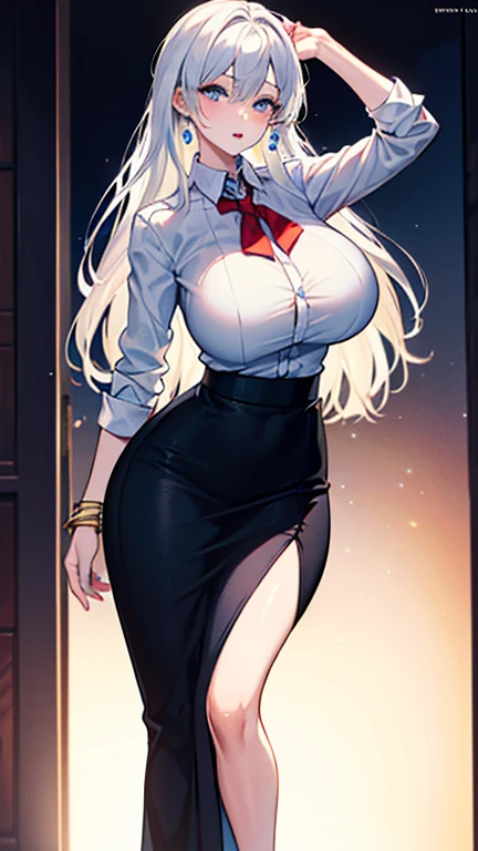 masterpiece, best quality, high resolution, 1girl, solo, (((beautiful body))), Perfect hands, gorgeous, long hair, white hair with red tips, ((heterochromia)), (left eye red), (right eye yellow), tsurime eyes, smug face, breasts, cat ears, Oni horns, cat tail, black pantyhose, Office Lady suit, moonlight, by MDA Starou