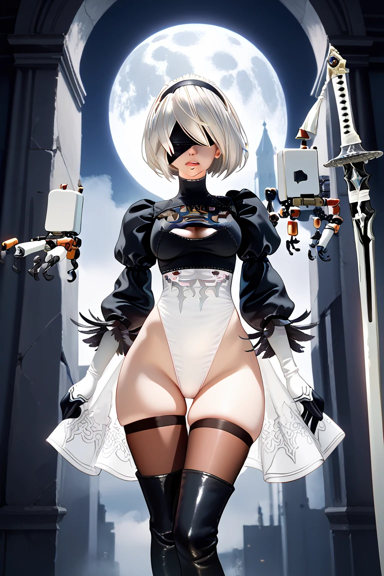 (1 girl, solo, children), (masterpiece, excellent quality, extremely detailed), (white hair, hair falling in strands and spike at end), (short hair, yellow eyes, big eyes, glowing eyes), (flat chest), (big waist), (short stature), (black slip, hole in chest), (visible skin), (black tutu, pantyhose, gloves up to the forearm), (standing facing the viewer), (posing), (big thighs), (grud legs), outwards), (chest outwards),