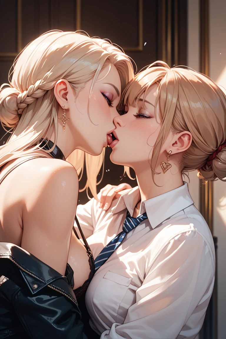 highly detail realistic photograph, arafed blonde woman in a suit kissing a woman in a suit, lesbian kiss, lesbian embrace, kissing together cutely, woman holding another woman, one blonde and one brunette, kissing each other, kissing together, wearing a strict business suit, in strict suit, two beautiful women in love, portrait of two girls kissing, two girls, kiss mouth to mouth