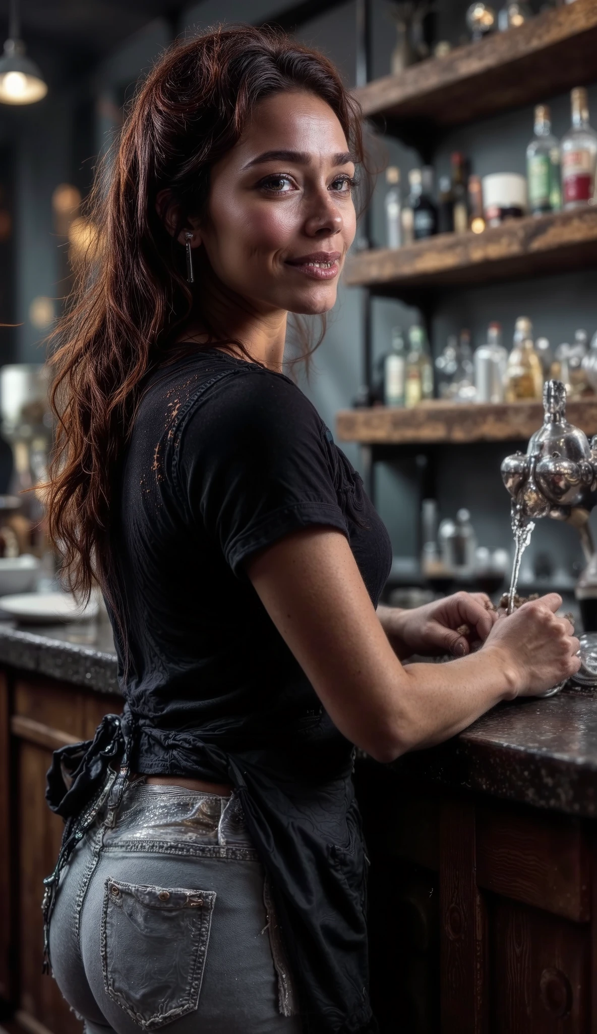 A woman, light-medium brown complexion, young about 20's sexy adult, is positioned slightly to the left of center in a bar setting. She is wearing a black short-sleeved top transparent on the back. She also wears light more ripped and cropped gray jeans and a dark apron. She has straight, dark hair pulled back. Her expression is friendly. She has a slender build. She has a wide hips and a sexy bigger butt. The woman is at a bar, working, possibly making drinks or coffee. The background shows stainless steel bar equipment, glass and liquor bottles behind her. The lighting is bright and neutral, typical of an indoor commercial setting. The perspective is at a slightly angled height, looking down. The composition is fairly centered, with the focus on the woman's mid-section and upper body. The overall atmosphere is professional and brisk. The image conveys a woman position.