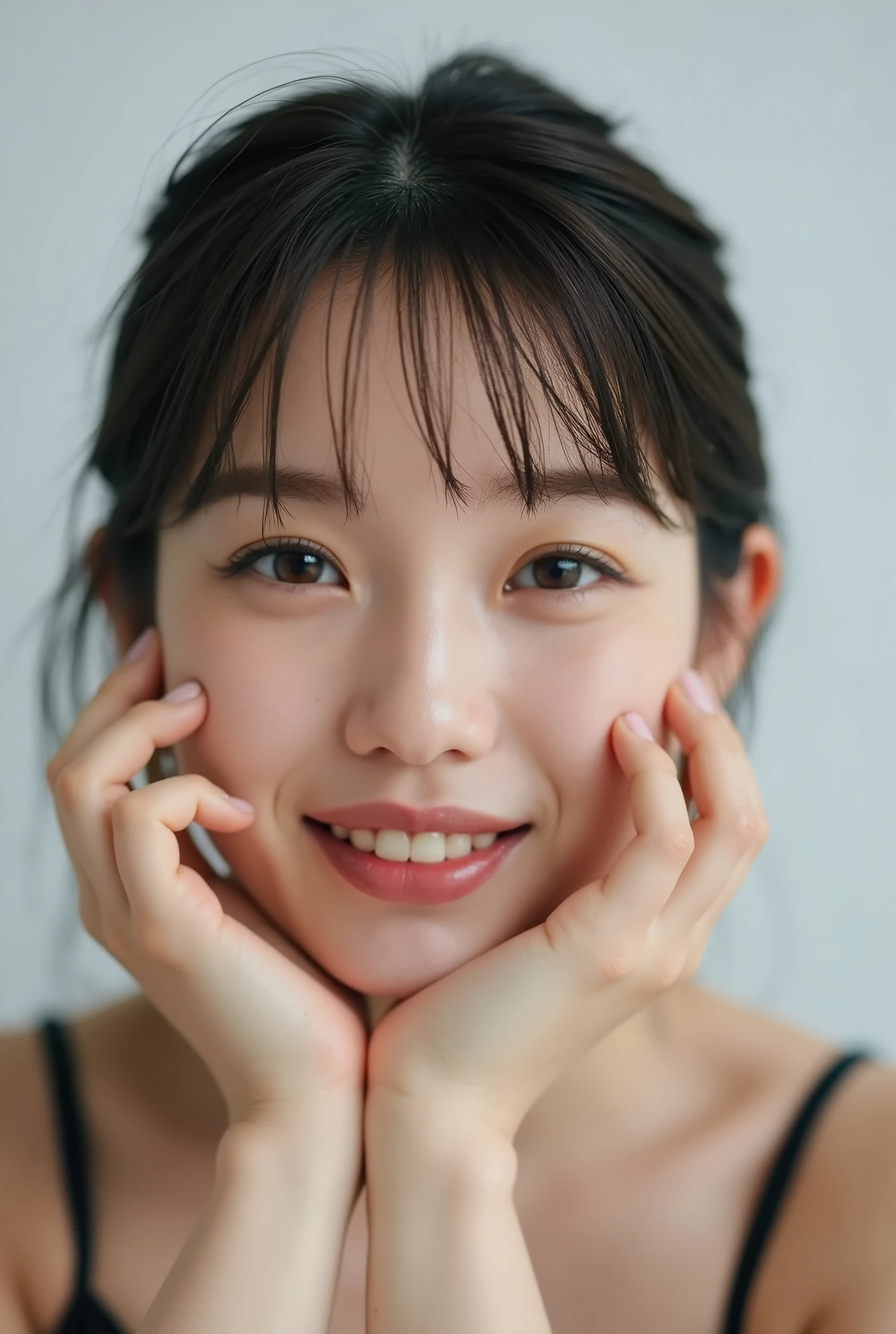 An extreme ultra close-up portrait of a stunningly beautiful young Japanese woman in her early twenties. Her face fills 95% of the frame, captured in cinematic soft lighting. She has a warm skin tone with flushed cheeks, porcelain-smooth complexion, visible soft peach fuzz, and a subtle natural sheen, like a luxury skincare advertisement.

Her expression is completely melted with affection and bashful joy — a wide, trembling smile with parted glossy lips, slightly showing her upper teeth, as if she's barely containing laughter from overwhelming happiness. Both hands gently cup her cheeks with fingers softly curved, fingertips lightly touching beneath her jaw.

She wears a simple black camisole with one shoulder strap slightly falling off, revealing delicate collarbones and emphasizing her emotional vulnerability.

Her straight black hair flows naturally with soft, airy bangs, catching light with silky highlights. Her head is tilted slightly downward with chin tucked in, posture leaning forward gently as if emotionally collapsing.

Her **eyes are huge, moist, and overflowing with sparkling emotion**:  
– One eye is winking playfully, the other gazing at the viewer with a **tender, lovestruck look**  
– The open eye features **multi-layered crystalline irises**, glowing softly with **bright pastel highlights**, and **heart-shaped catchlights** dancing across the surface  
– Her expression feels completely lost in love: sweet, euphoric, and dopey  
– Her gaze is slightly dreamy, shimmering with emotional warmth and intimate sparkle

The background is soft, white, and gently blurred with cinematic bokeh. Lighting emphasizes the glow of her skin and the emotional texture of the image. The overall look is hyperrealistic, deeply affectionate, and saturated with a helplessly sweet and bashful mood.

— Expression: melty smile, soft cheeks, emotionally overwhelmed  
— Eyes: sparkly, heart-filled, gently glowing, ultra-expressive  
— Lighting: cinematic soft white with golden 