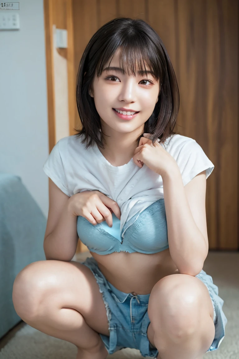 （(Secretarial Uniform)), White blouse shirt with collar（open-shirt）, flat breast, String panties、president’s office, Wet crotch, A smile, (in 8K, Raw photography, top-quality, ​masterpiece: 1.2), ​masterpiece, The ultra-detailliert, 超A high resolution, (Realistic and realistic photos: 1.37), high-definition RAW color photography, extremely delicate and beautiful, ighly detailed, 8K Wallpapers, astonishing, detaileds, extremely detailed eye, highlydetailed skin, extremely detailed fingers, highly detailed nose, highly detail mouth, perfect anatomia,full body Esbian, a wet body,, Sheer feeling、Transparency（Nipple head visible on the shirt）、Extremely small panties（pubic hair sticks out）、sideways Facing